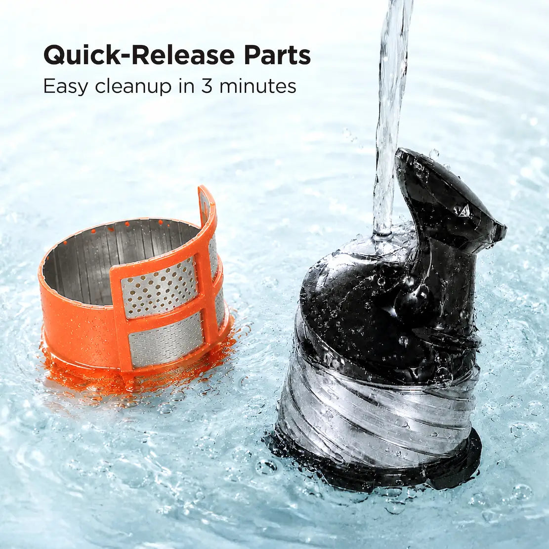 Kitchen Mama EverVive cold press juicer quick-release auger and filter parts rinsing under water for easy cleanup
