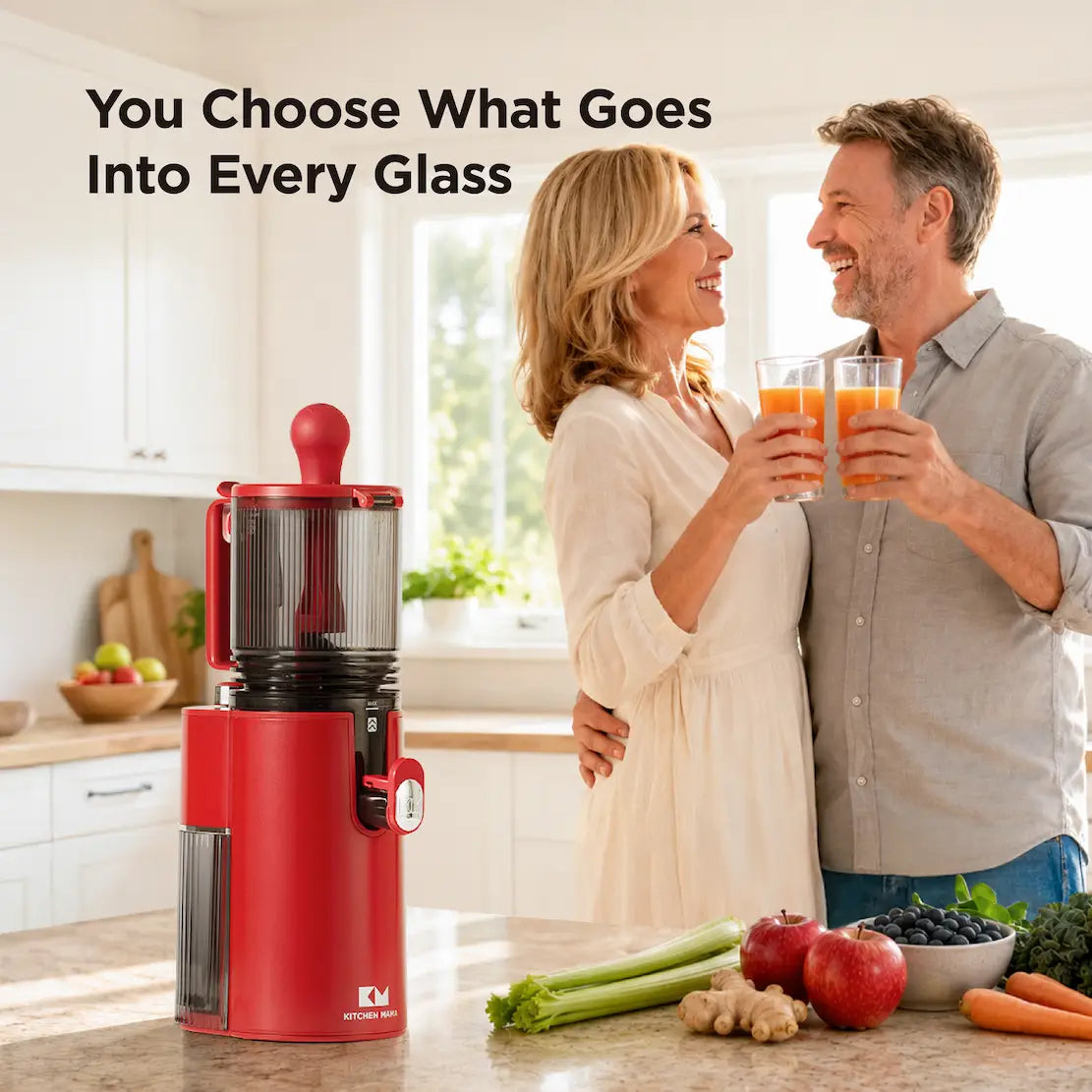 Kitchen Mama EverVive cold press juicer with fresh fruit and vegetable juice in a home kitchen