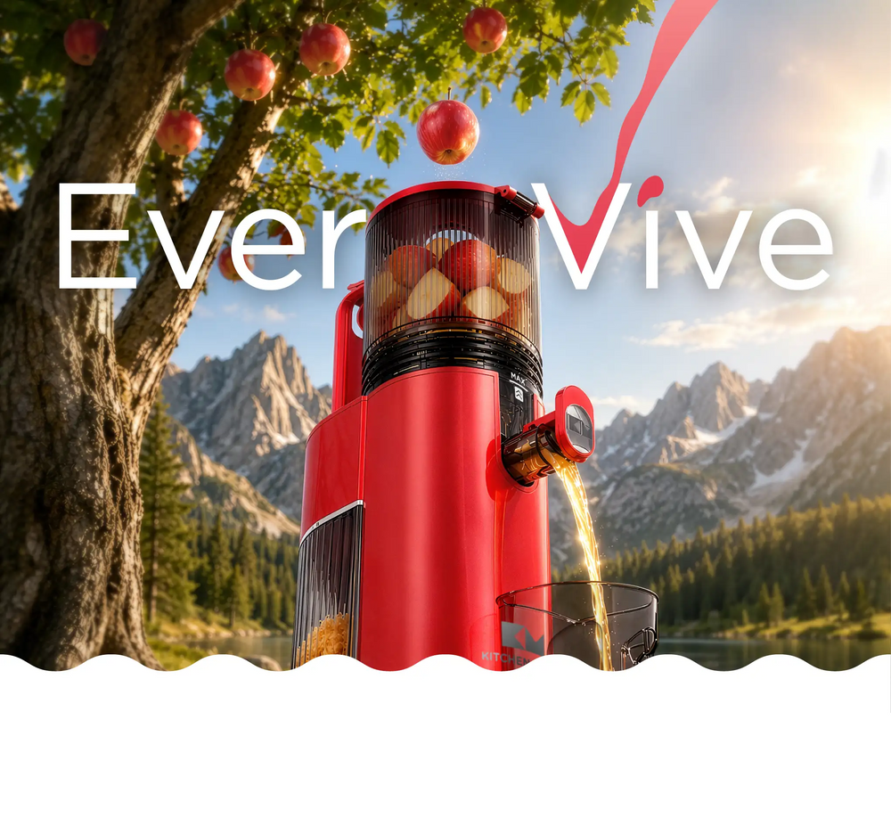 Kitchen Mama EverVive cold press juicer extracting fresh apple juice in a scenic mountain and lake setting.