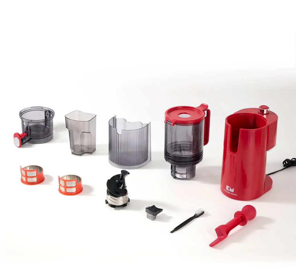 Kitchen Mama EverVive cold press juicer parts and accessories, including hopper, strainers, auger, juice jug, pulp container, and cleaning brush.