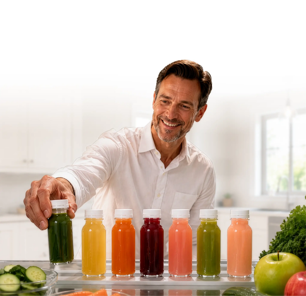 Seven bottles of fresh juice labeled Monday through Sunday with fruits and vegetables in a refrigerator.