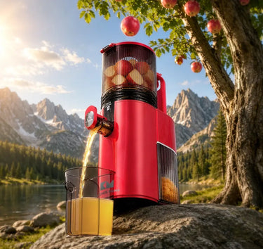 Kitchen Mama EverVive cold press juicer extracting fresh apple juice in a scenic mountain and lake setting.