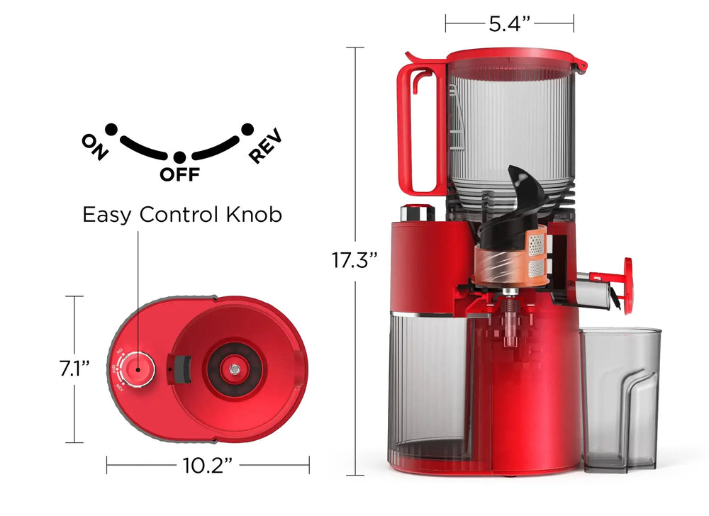 Kitchen Mama EverVive cold press juicer dimensions with easy control knob, measuring 17.3 inches high and 10.2 inches wide.