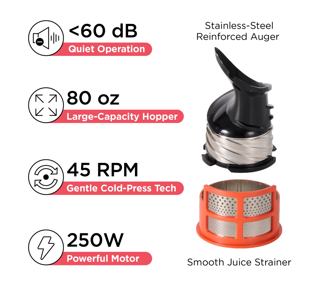 Kitchen Mama EverVive cold press juicer features including quiet operation, large-capacity hopper, gentle cold-press technology, and powerful motor.