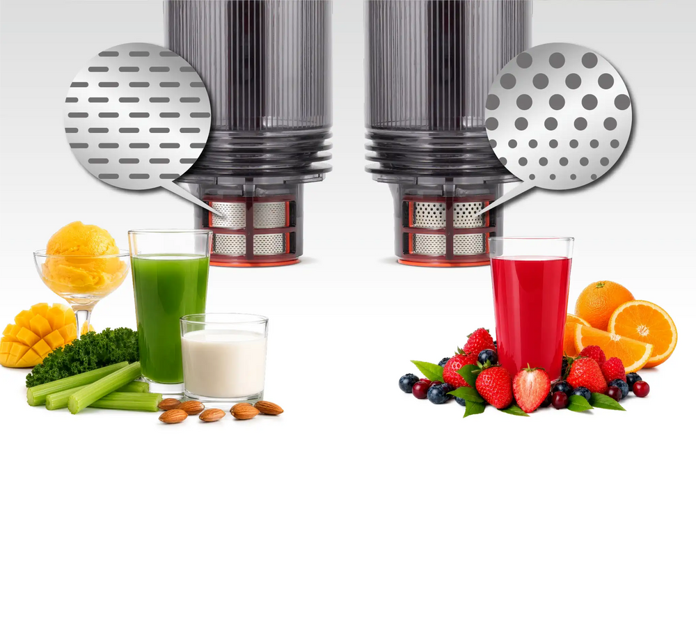 Kitchen Mama EverVive cold press juicer strainers for different juice textures, shown with green juice, nut milk, and fruit juice.