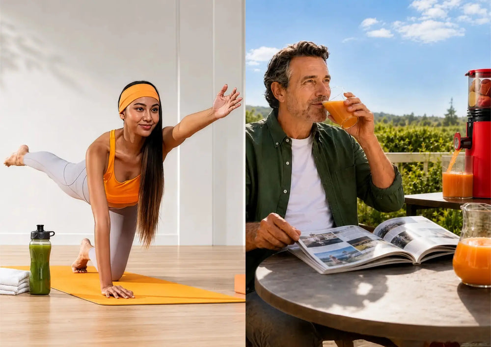 Active lifestyle scenes featuring fresh green and orange juice, from morning yoga to relaxing outdoors with the Kitchen Mama EverVive cold press juicer.
