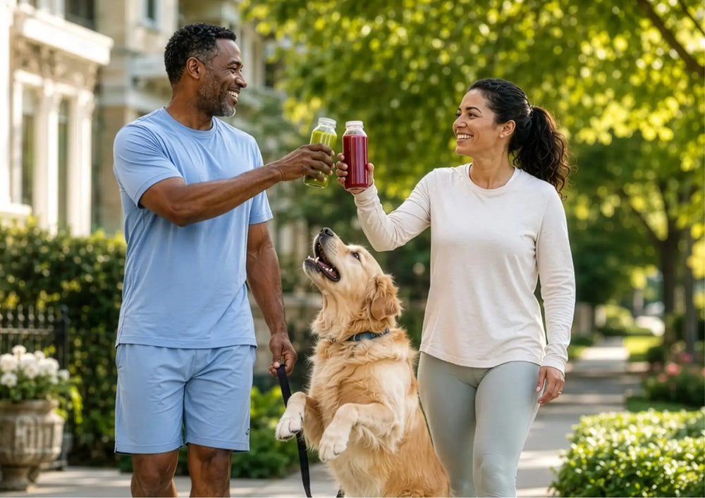 Couple enjoying fresh green and red juices during a morning walk with their dog, inspired by the Kitchen Mama EverVive healthy lifestyle.