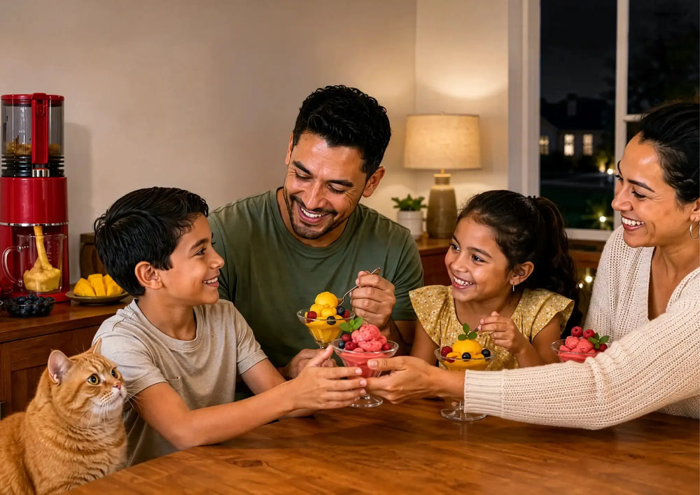 Family enjoying colorful homemade frozen fruit treats together with the Kitchen Mama EverVive cold press juicer at home.