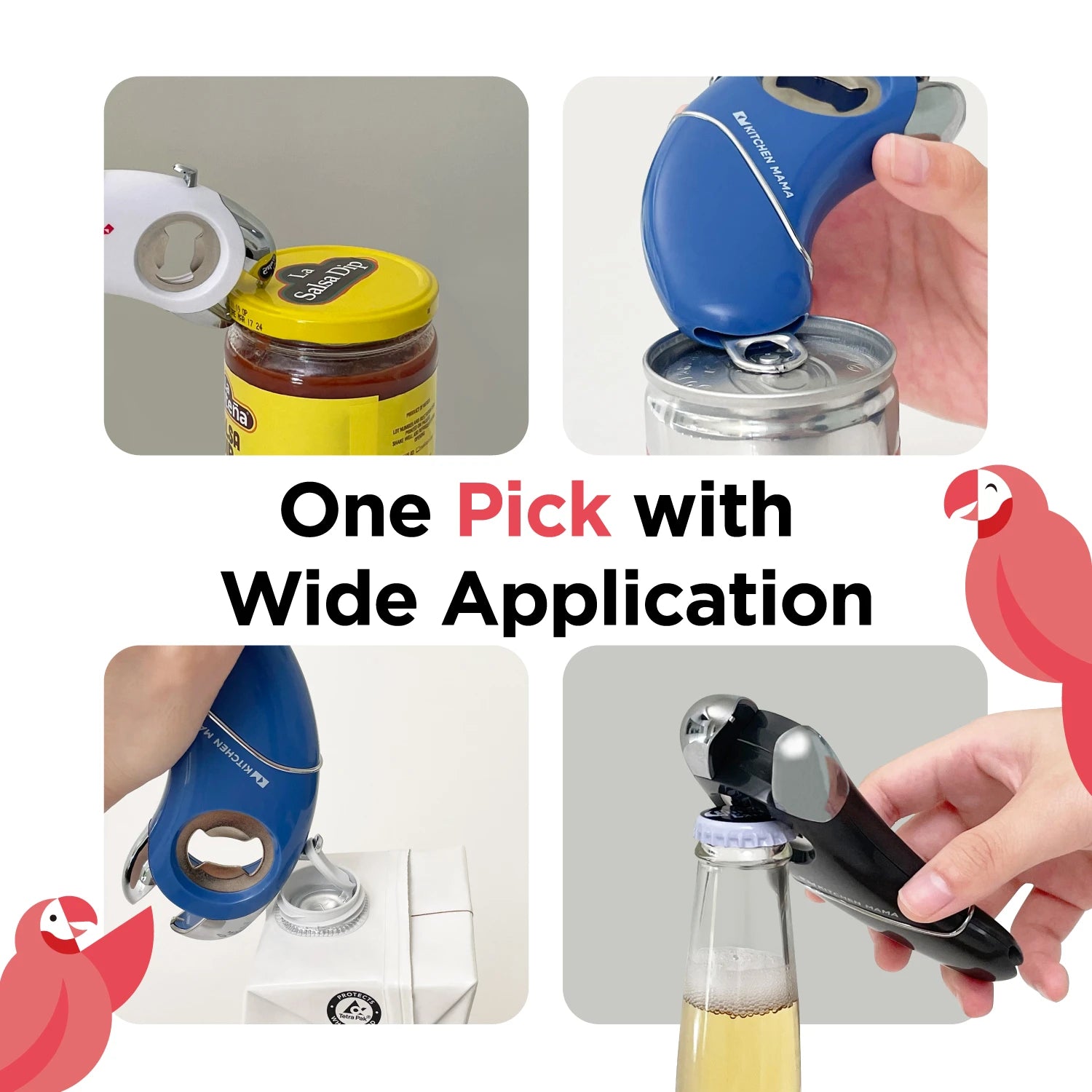Multifunctional Epic One kitchen tool used for opening various types of containers with text 'One Pick with Wide Application'.