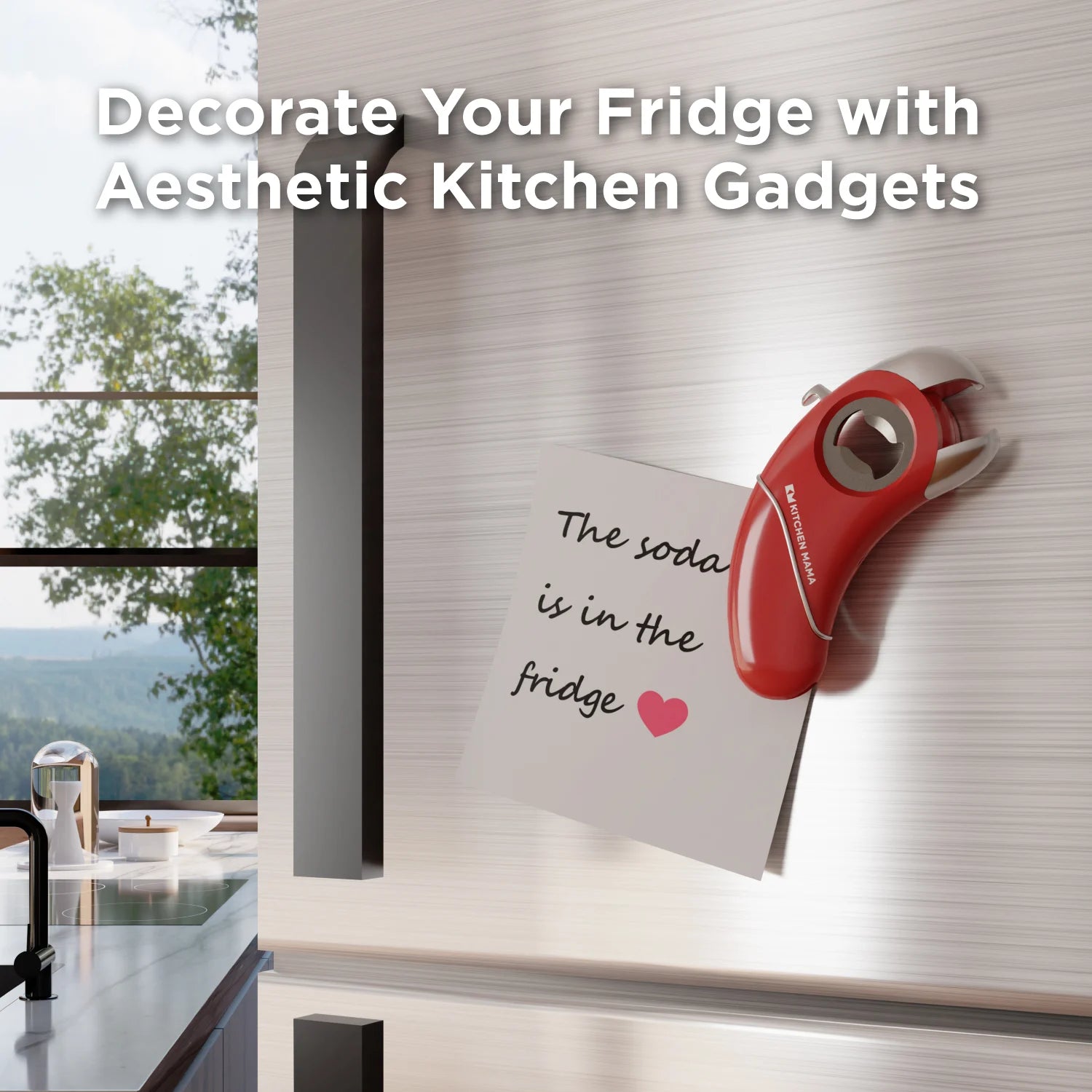 Red Epic One with a message attached to a refrigerator door, with text 'Decorate Your Fridge with Aesthetic Kitchen Gadgets'.
