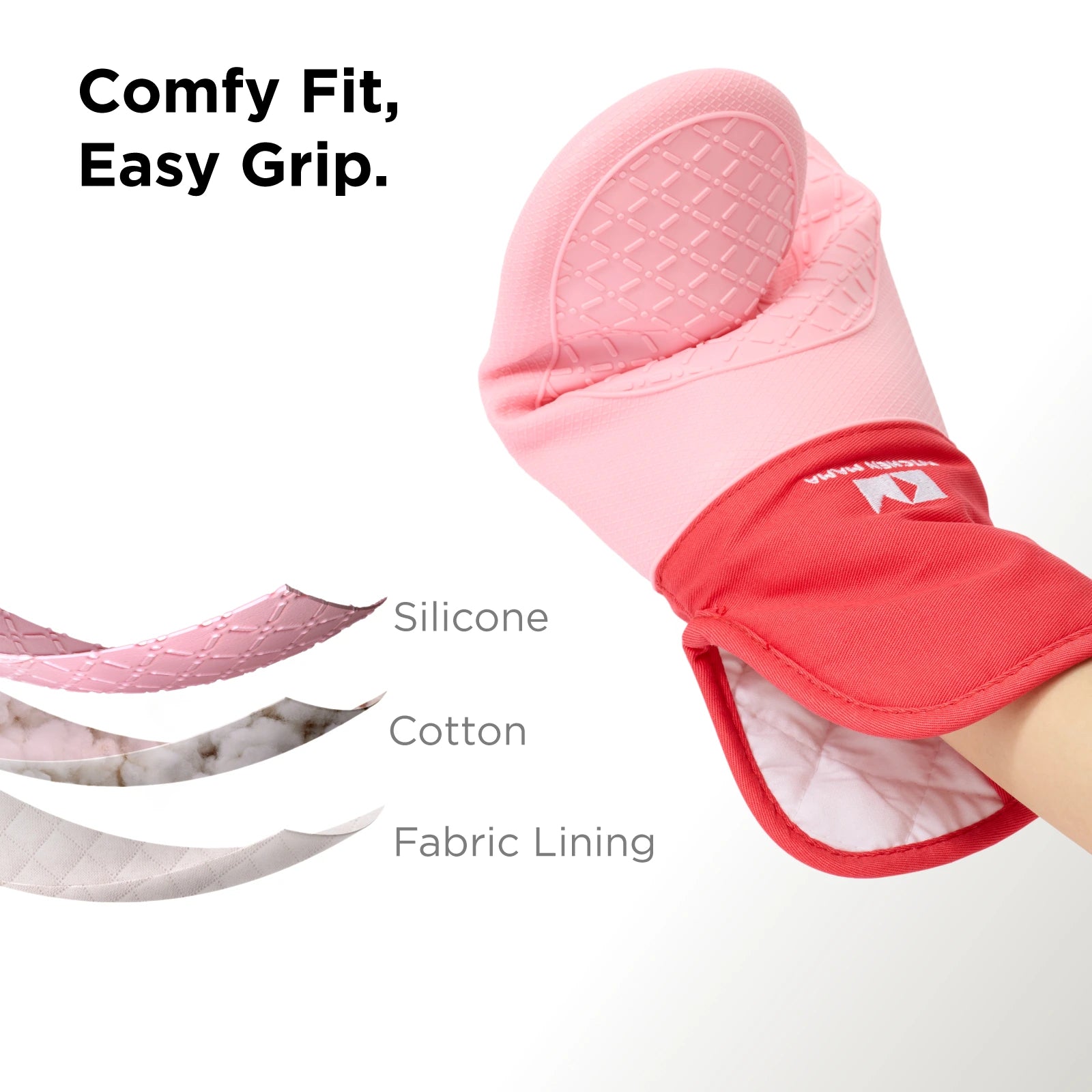 Close-up of a red and pink Kitchen Mama silicone oven mitt showing its textured grip and interior fabric layers. Text overlay reads “Comfy Fit, Easy Grip” with labels pointing to the three-layer construction: silicone, cotton, and fabric lining.