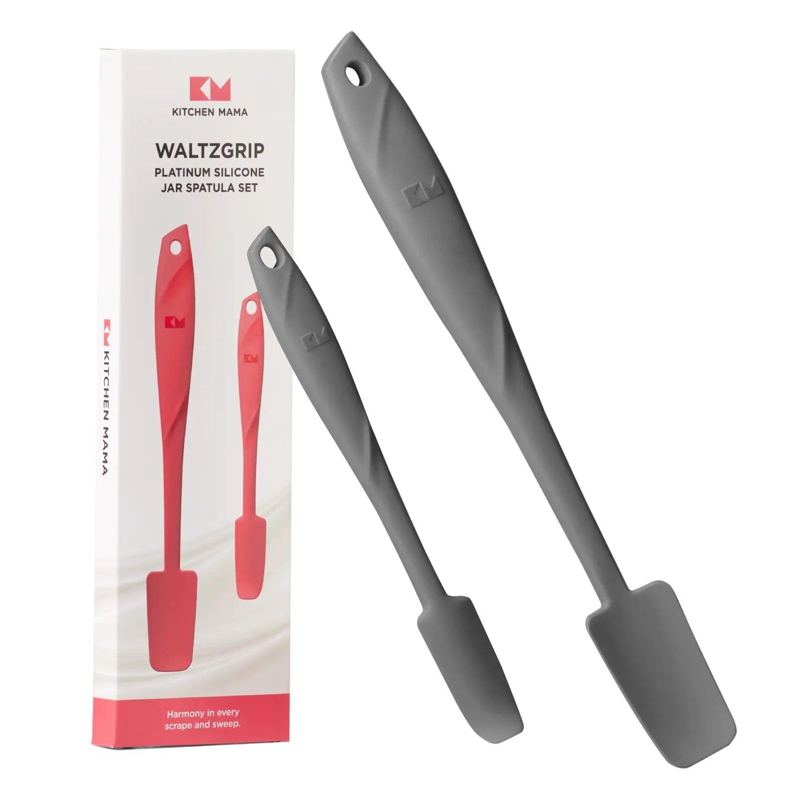 Kitchen Mama silicone jar spatula, Waltzgrip, platinum silicone jar spatula set, metal gray