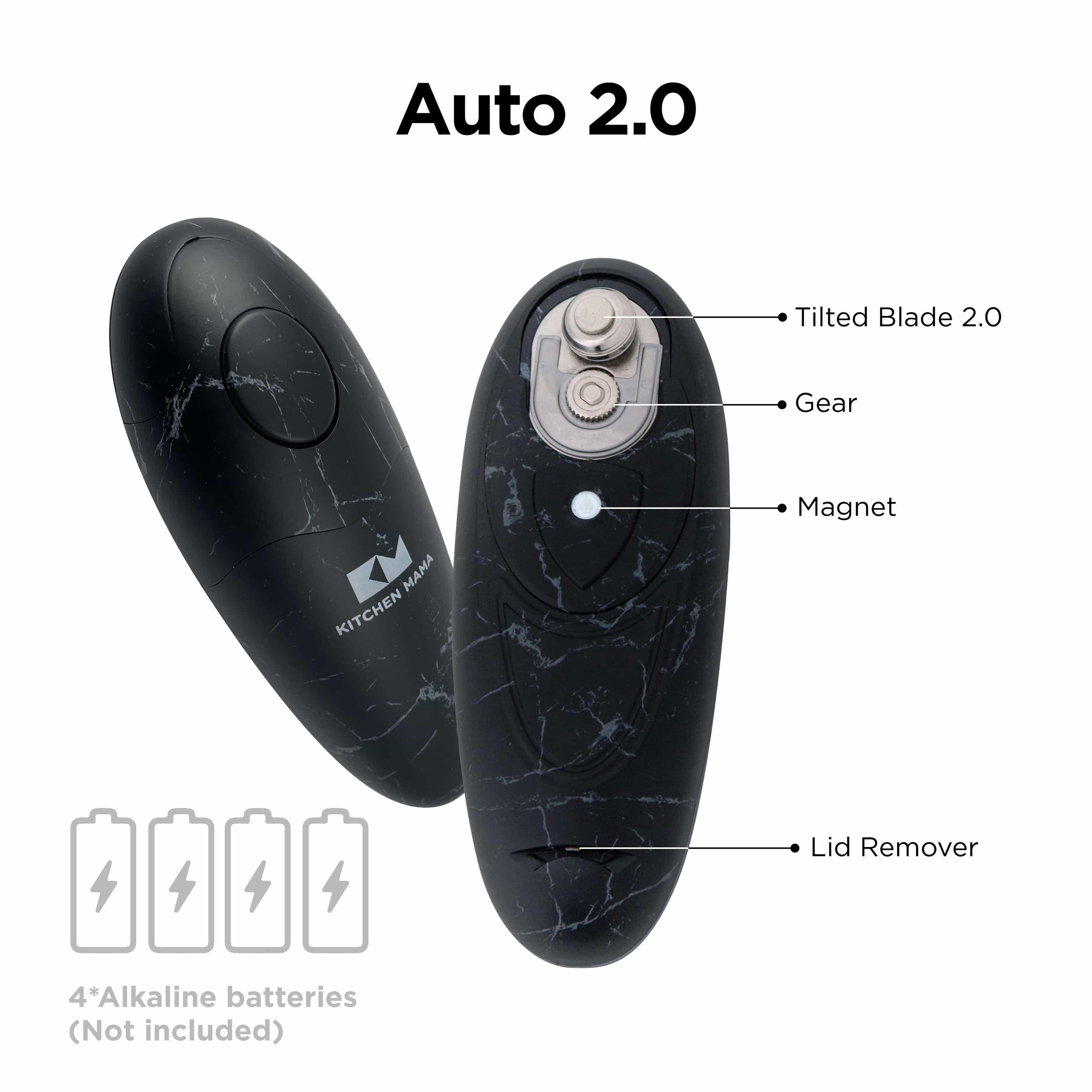 Electric Can Opener - Auto 2.0, Kitchen Mama, Marble Black, CO1150-ZW, electric can opener smooth edge, safety can opener, automatic can opener, electric can openers prime, battery powered can opener