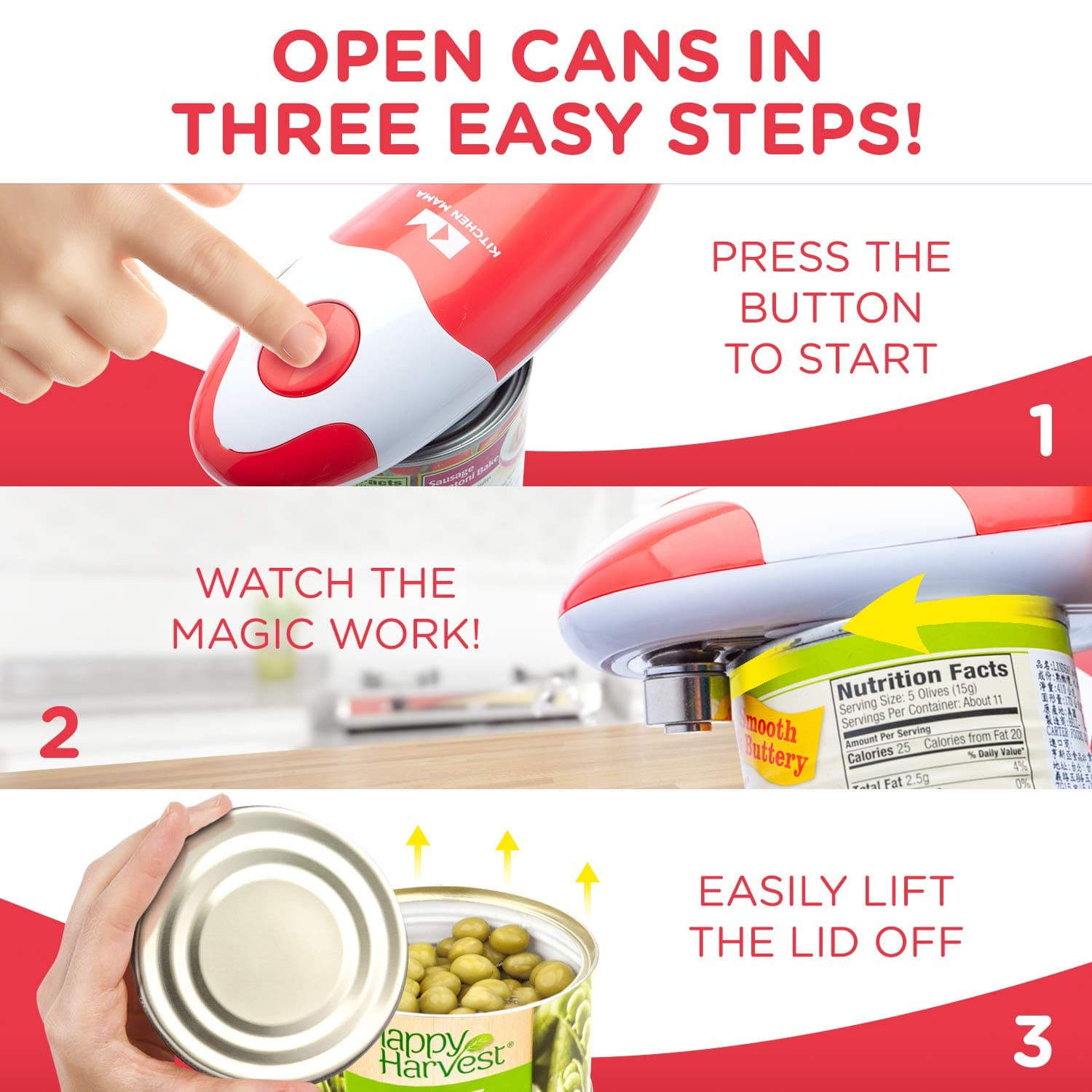 Auto Handheld Electric Can Opener (The #1 Best Seller), Kitchen Mama, Red, CO1100-R, automatic can opener, hand can opener, battery can opener, best can opener, hands free can opener, ergonomic electric can opener, as seen on tv can opener